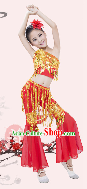 Red Chinese Traditional Stage Dai Minority Ethnic Peacock Dance Dancewear Costumes Dancer Costumes Dance Costumes Clothes and Headdress Complete Set for Girls Kids