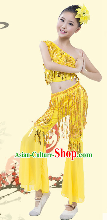 Yellow Chinese Traditional Stage Dai Minority Ethnic Peacock Dance Dancewear Costumes Dancer Costumes Dance Costumes Clothes and Headdress Complete Set for Girls Kids