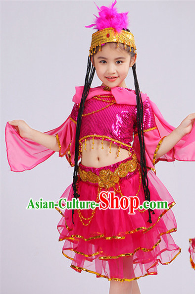 Chinese Traditional Stage Xinjiang Minority Ethnic Dance Dancewear Costumes Dancer Costumes Dance Costumes Clothes and Headdress Complete Set for Girls Kids