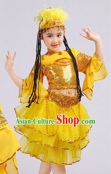 Yellow Chinese Traditional Stage Xinjiang Minority Ethnic Dance Dancewear Costumes Dancer Costumes Dance Costumes Clothes and Headdress Complete Set for Girls Kids