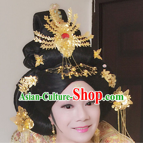 Chinese Classical Princess Queen Empress Hair Jewelry Headwear Headdress and Long Wigs