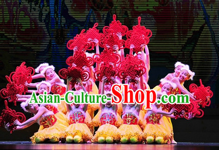 Chinese Red Knot Dance Costumes and Hat Complete Set