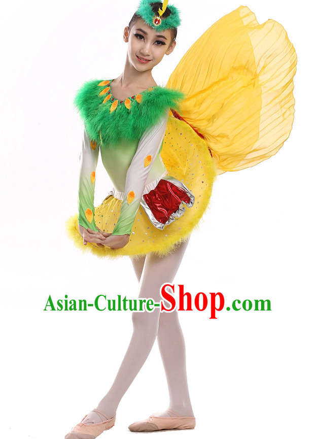 Chinese Traditional Bird Dance Costumes and Hat Complete Set for Kids