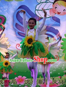 Chinese Primary School Students Sunflower Dance Outfits Costumes Complete Set for Kids Girls