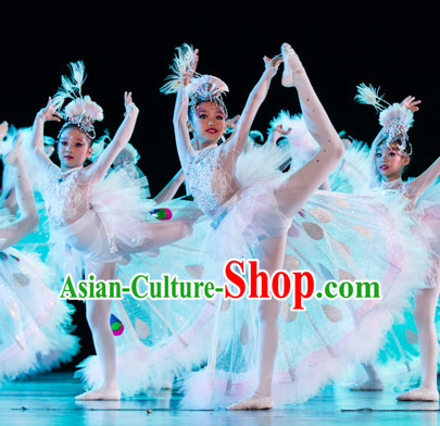 Chinese Primary School Students Peacock Dance Outfits Costumes Complete Set for Kids Girls