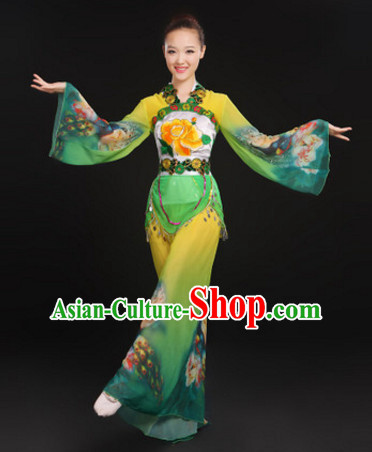 Chinese Folk Dance Costumes Traditional Chinese Fan Dancing Costume Ribbon Dancewear and Headwear Complete Set for Women Girls or Kids