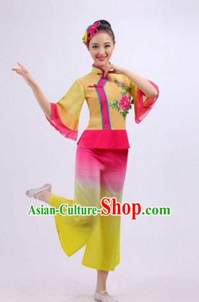 Chinese Folk Dance Costumes Traditional Chinese Fan Dancing Costume Ribbon Dancewear and Headwear Complete Set for Women Girls or Kids