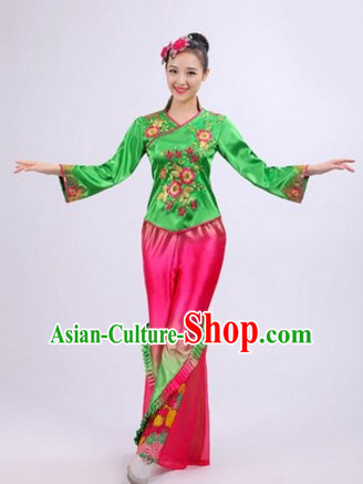 Chinese Folk Dance Costumes Traditional Chinese Fan Dancing Costume Ribbon Dancewear and Headwear Complete Set for Women Girls or Kids