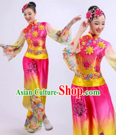 Chinese Folk Dance Costumes Traditional Chinese Fan Dancing Costume Ribbon Dancewear and Headwear Complete Set for Women Girls or Kids