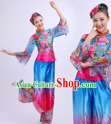 Chinese Folk Dance Costumes Traditional Chinese Fan Dancing Costume Ribbon Dancewear and Headwear Complete Set for Women Girls or Kids