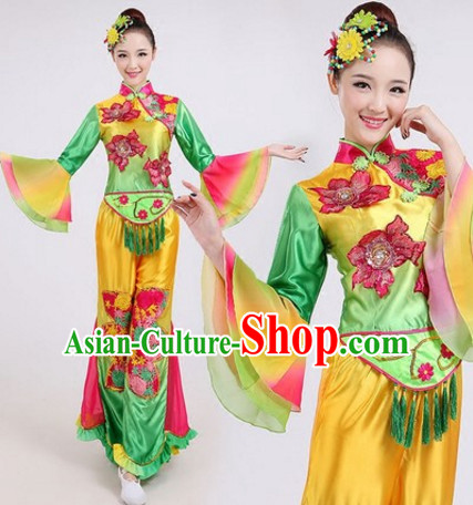 Chinese Folk Dance Costumes Traditional Chinese Fan Dancing Costume Ribbon Dancewear and Headwear Complete Set for Women Girls or Kids