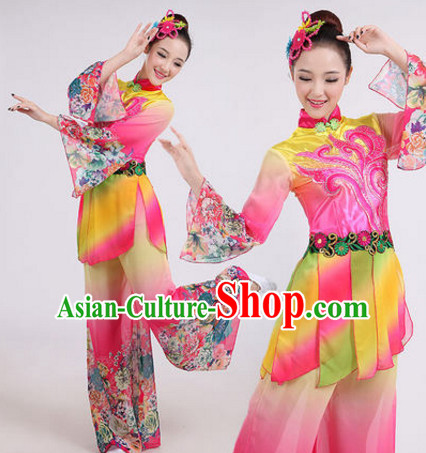 Chinese Folk Dance Costumes Traditional Chinese Fan Dancing Costume Ribbon Dancewear and Headwear Complete Set for Women Girls or Kids