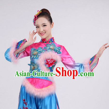 Chinese Folk Dance Costumes Traditional Chinese Fan Dancing Costume Ribbon Dancewear and Headwear Complete Set for Women Girls or Kids