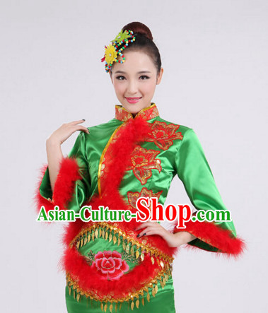 Chinese Folk Dance Costumes Traditional Chinese Fan Dancing Costume Ribbon Dancewear and Headwear Complete Set for Women Girls or Kids