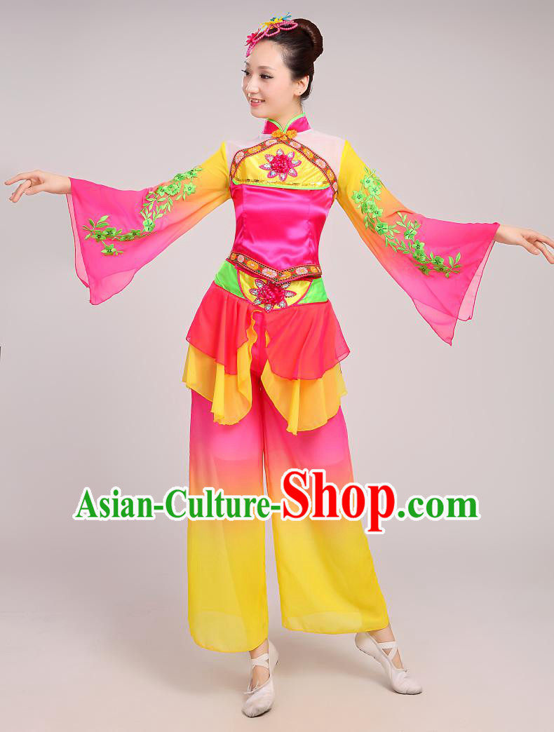 Chinese Folk Dance Costumes Traditional Chinese Fan Dancing Costume Ribbon Dancewear and Headwear Complete Set for Women Girls or Kids