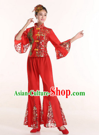 Chinese Folk Dance Costumes Traditional Chinese Fan Dancing Costume Ribbon Dancewear and Headwear Complete Set for Women Girls or Kids