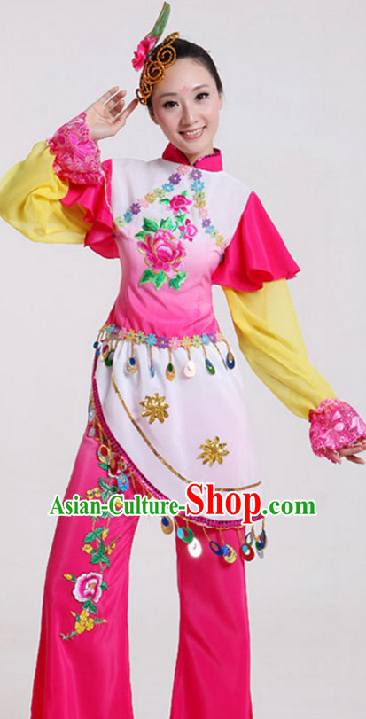 Chinese Folk Dance Costumes Traditional Chinese Fan Dancing Costume Ribbon Dancewear and Headwear Complete Set for Women Girls or Kids