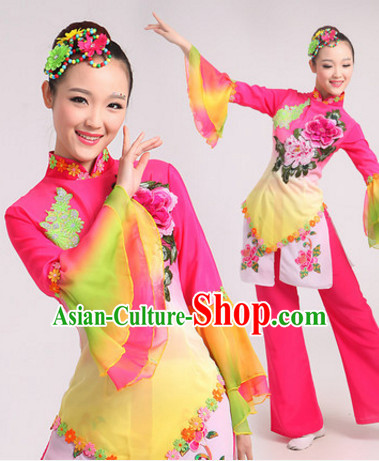 Chinese Folk Dance Costumes Traditional Chinese Fan Dancing Costume Ribbon Dancewear and Headwear Complete Set for Women Girls or Kids