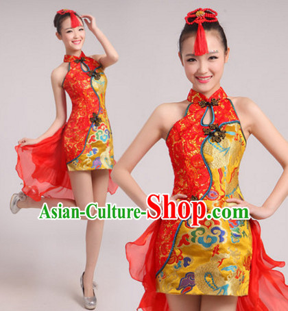 Chinese Folk Dance Costumes Traditional Chinese Fan Dancing Costume Ribbon Dancewear and Headwear Complete Set for Women Girls or Kids