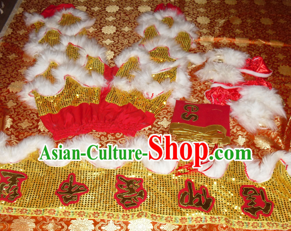 Gold Color White Wool Top Asian Chinese Troupe Performance 2 Pairs of Lion Dance Pants and Claws
