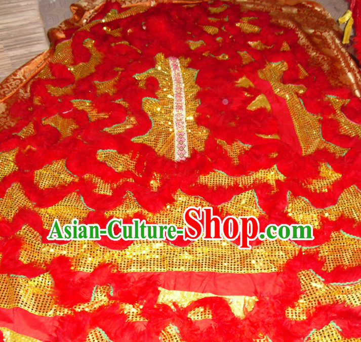 Gold Color Red Wool Top Asian Chinese Lion Dance Pants Claws Tail Body Costumes Set