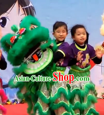 Green Top 100_ Natural Long Wool Elementary Lion Dance Costumes Complete Set for Kids Children Boys Girls