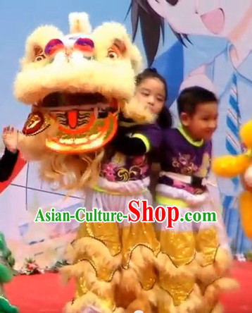 Light Yellow Color Top 100_ Natural Long Wool Middle School Lion Dance Costumes Complete Set for Kids Children Boys Girls