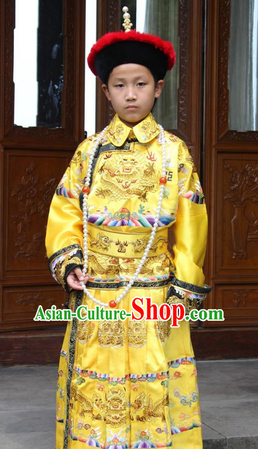 Qing Dynasty Chinese Emperor Embroidered Dragon Robe Hanfu Dresses Garment and Crown Complete Set for Men and Boys