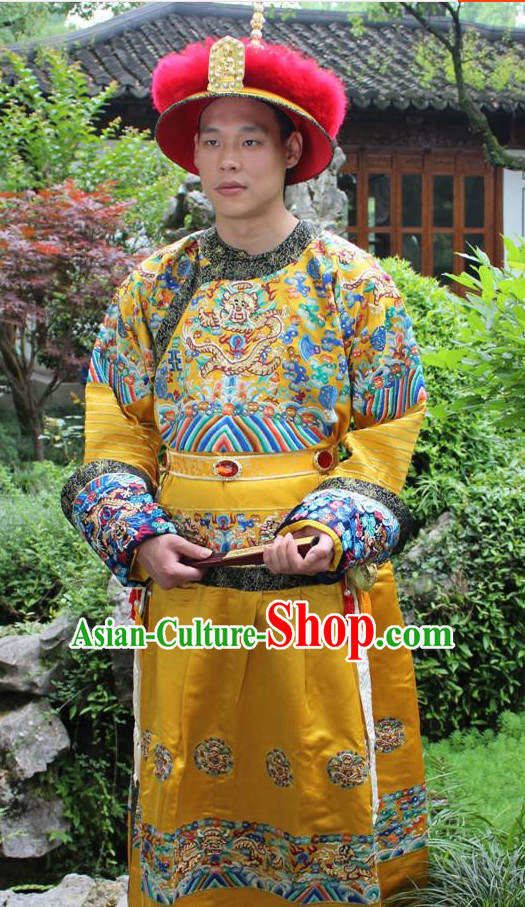 Qing Dynasty Chinese Emperor Embroidered Dragon Robe Hanfu Dresses Garment and Crown Complete Set for Men