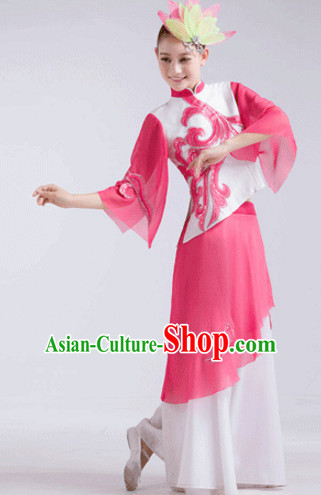Pink Chinese Folk Fan Dancewear and Headdress Complete Set for Women