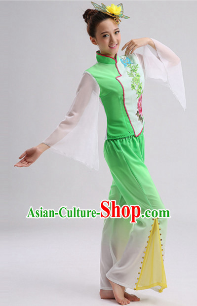 Green Chinese Folk Fan Dancing Costumes and Headdress Complete Set for Women