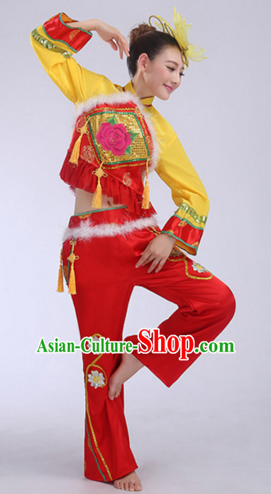 Yellow Red Chinese Folk Fan Dancing Costumes and Headdress Complete Set for Women