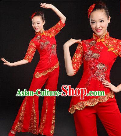 Red Chinese Traditional Han Minority Handkerchief Dance Costumes Dancing Outfits and Hat Complete Set for Women or Girls