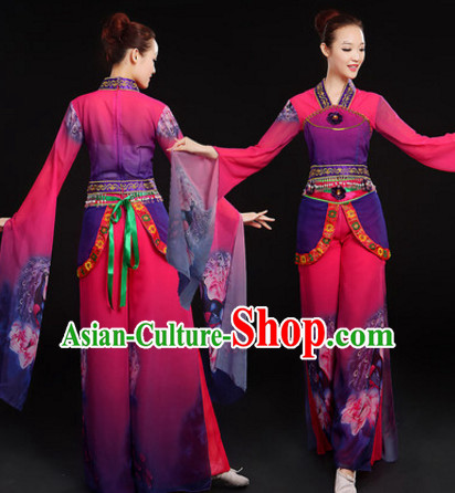 Chinese Folk dancing Costumes Traditional Chinese Fan Dancing Costume Ribbon dancingwear and Headwear