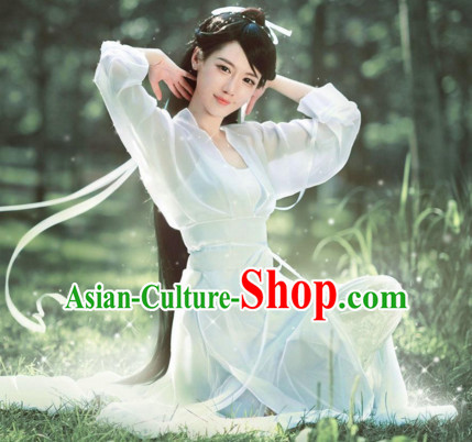 Chinese Ancient Beauty White Costumes and Headdress Complete Set for Women or Girls