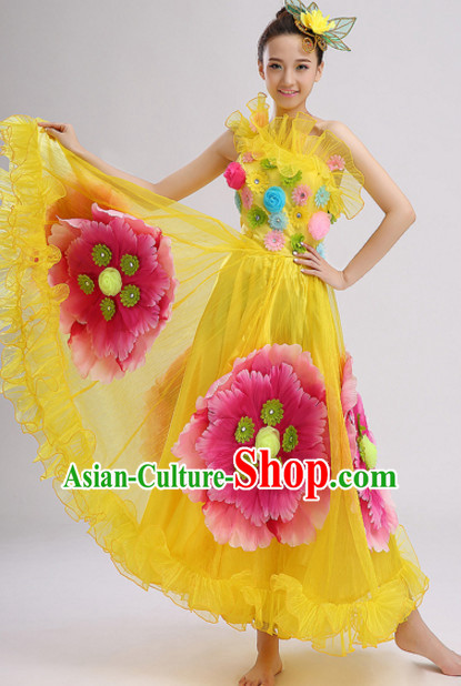 Yellow Chinese Folk Flower Dancing Costumes and Headdress Complete Set for Women