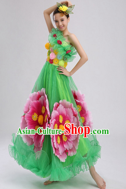 Green Chinese Folk Peony Flower Dance Costumes and Headdress Complete Set for Women