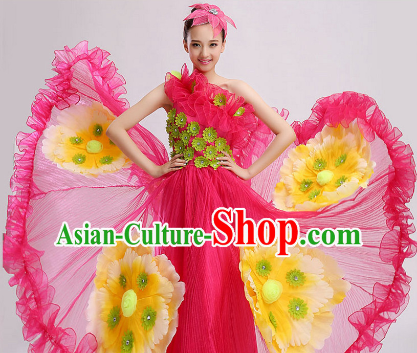 Chinese Stage Performance Flower Dance Costume and Headdress Complete Set for Women