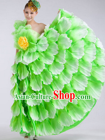 Green Chinese Stage Performance Flower Dancewear Costume and Headdress Complete Set for Women
