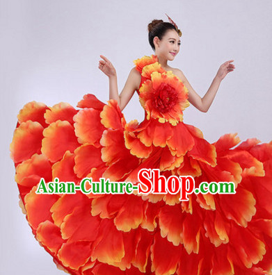 Red Chinese Stage Performance Flower Dancewear Costume and Headdress Complete Set for Women