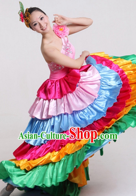 Chinese Flower Dance Costumes and Headdress Complete Set for Women