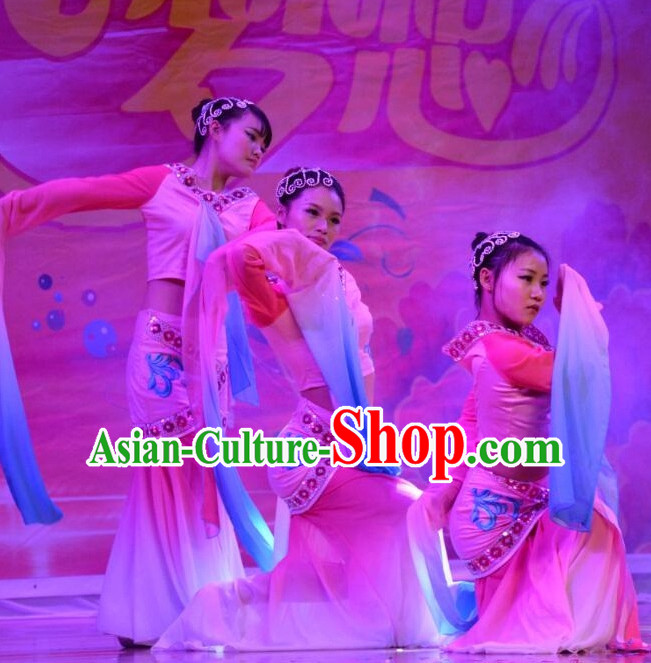 Water Sleeve Chinese Stage Performance Classical Dance Costumes and Headdress Complete Set for Women Girls