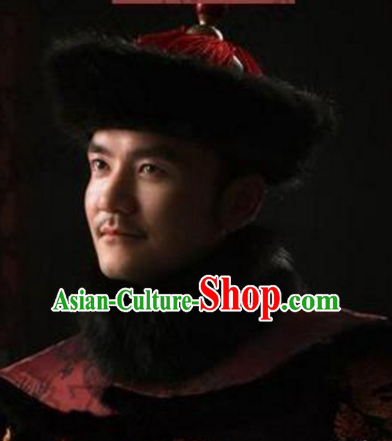 Black Chinese Traditional Qing Dynasty Official Fur Hat for Men