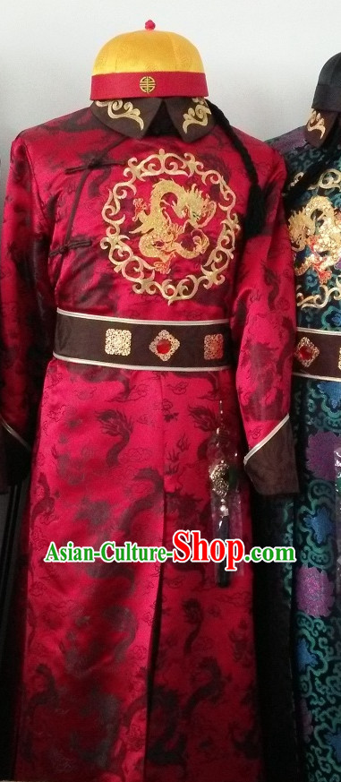 Traditional Chinese Qing Dynasty Prince Emperor Robe Gown Clothing and Hat Complete Set for Men