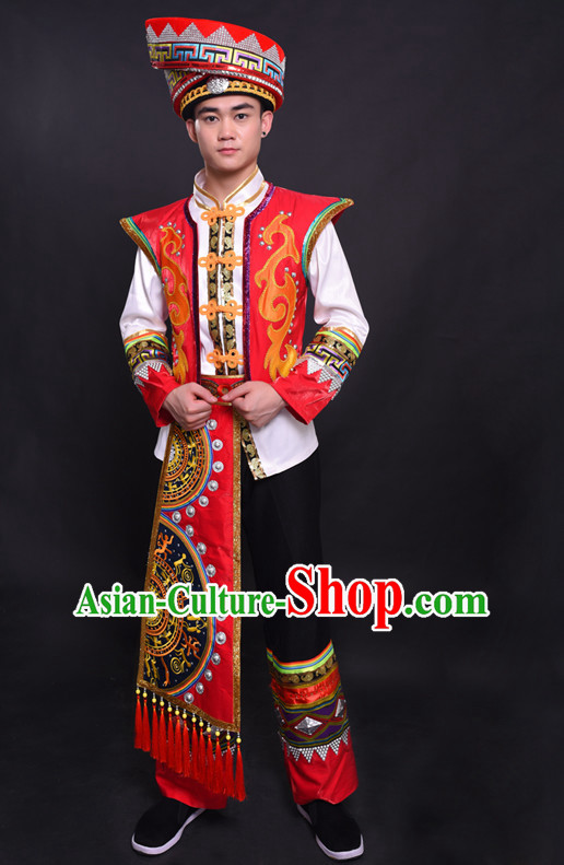 Chinese Chuang Group the Zhuang Nationality Folk Dance Ethnic Wear China Clothing Costume Ethnic Dresses Cultural Dances Costumes Complete Set for Men