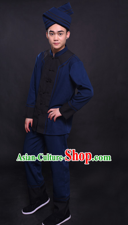 Chinese Chuang Group the Zhuang Nationality Folk Dance Ethnic Wear China Clothing Costume Ethnic Dresses Cultural Dances Costumes Complete Set for Men Boys