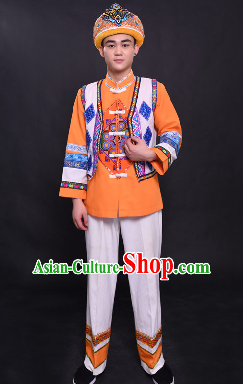 Chinese Mulao Nationality Folk Dance Ethnic Wear China Clothing Costume Ethnic Dresses Cultural Dances Costumes Complete Set for Men Boys