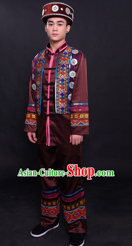 Chinese Dong Nationality Folk Dance Ethnic Wear China Clothing Costume Ethnic Dresses Cultural Dances Costumes Complete Set for Men Boys