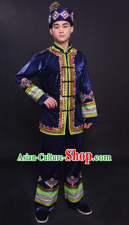 Chinese Mulao Nationality Folk Dance Ethnic Wear China Clothing Costume Ethnic Dresses Cultural Dances Costumes Complete Set for Men Boys