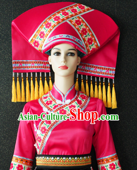 Chinese Zhuang Nationality Folk Dance Ethnic Wear China Clothing Costume Ethnic Dresses Cultural Dances Costumes Complete Set for Women Girls